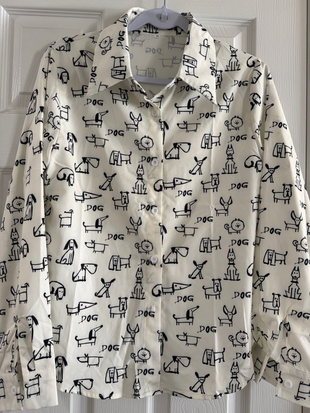 Women’s White Button-Up Shirt with Black Dog Print